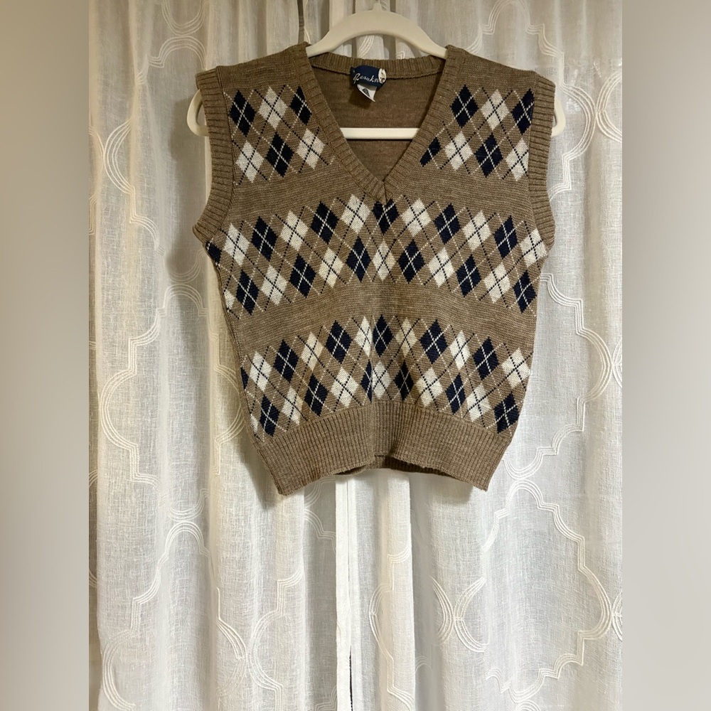 Resaknit Pure Wool Vest Vintage Size 10 Blue Brown Black 100% Wool Womens
